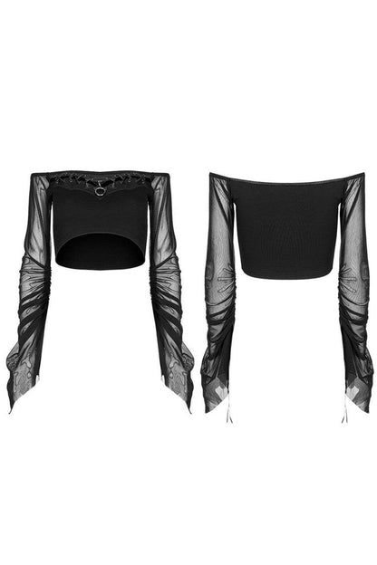 Black Gothic Elasticity Cotton Hollow Buttonhole Strap Design Slash Neck Women's T-Shirt