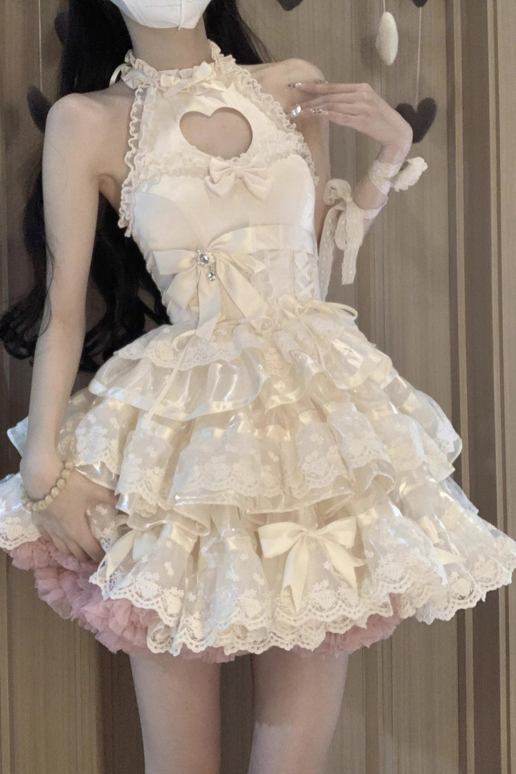 Apricot Heartbeat Multi-Layered Ruffle Heart Shape Hollow Bowknot Sweet Ballet Lolita Dress