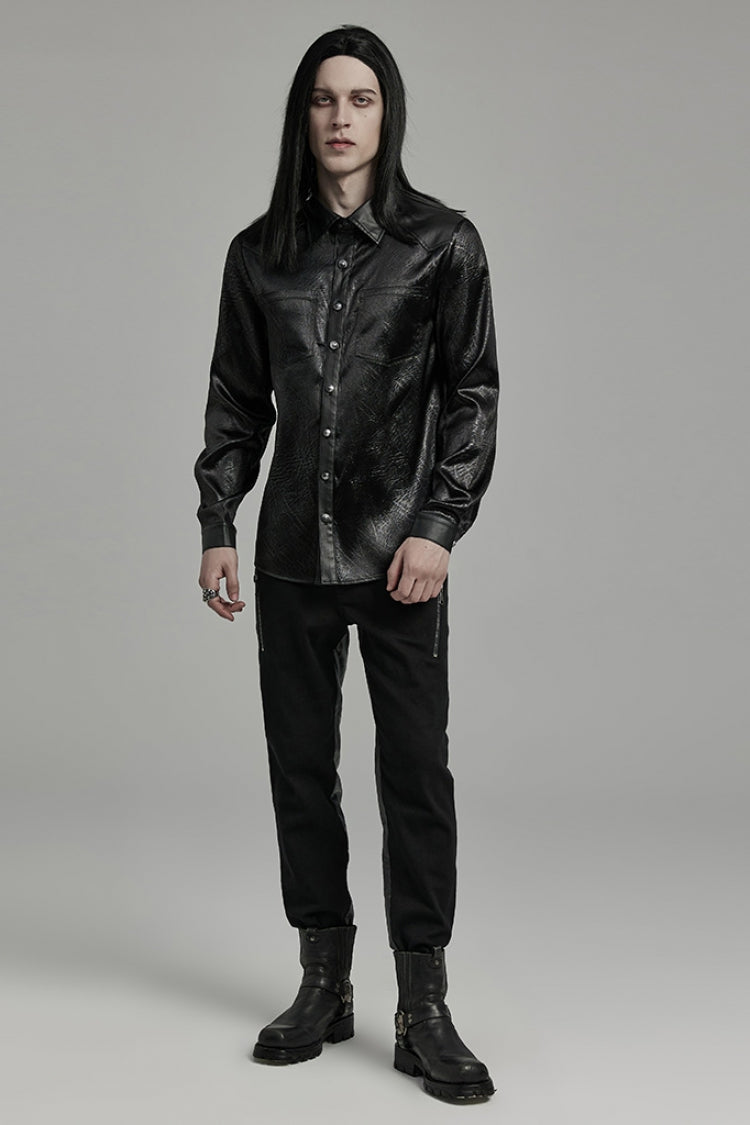 Black Lapel Collar Long Sleeves Faux Leather Men's Gothic Blouse