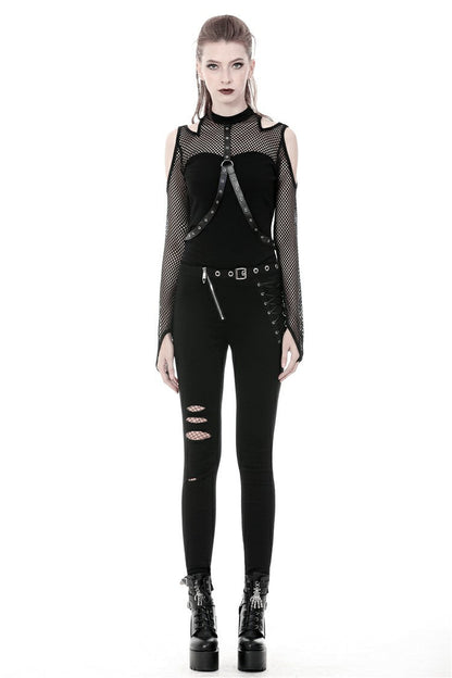 Black Off Shoulder Long Sleeves Mesh Crossed Harness Straps Eyelet Sexy Women's Punk Top
