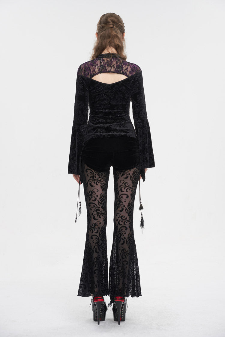 Black Cutout Flared Sleeved Floral Embossed Women's Gothic Shirt