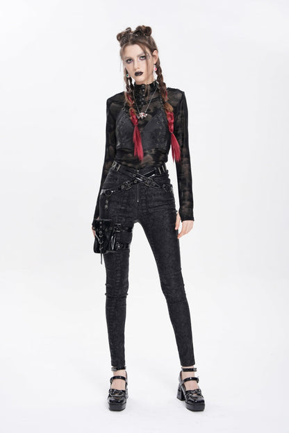 Black Print Buckle Straps Women's Punk Pants with Leg Bag