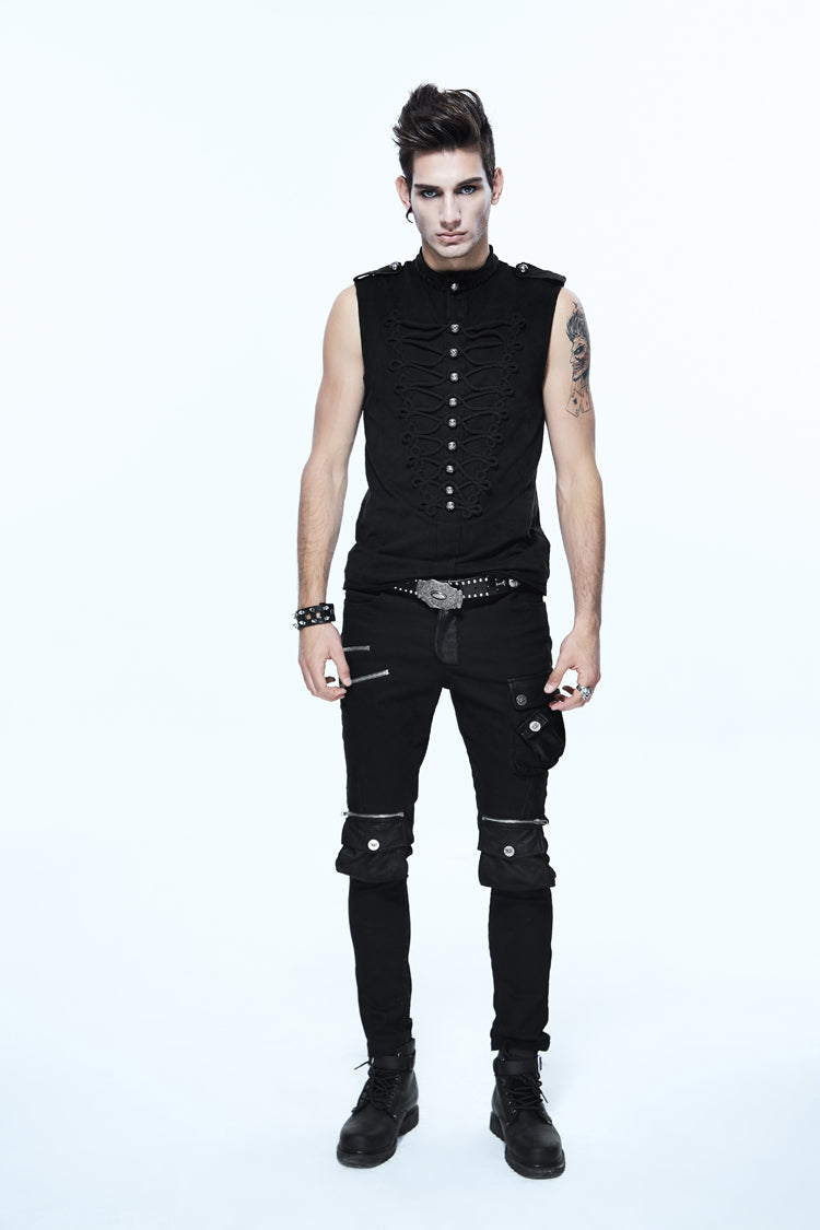 Black Military Uniform Style Chest Chinese Frog Button Sleeveless Men's Punk T-Shirt