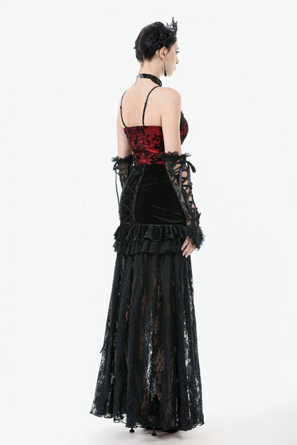 Black Multi-Layered Ruffled Velvet Spliced Lace Lace-Up Women's Gothic Long Skirt