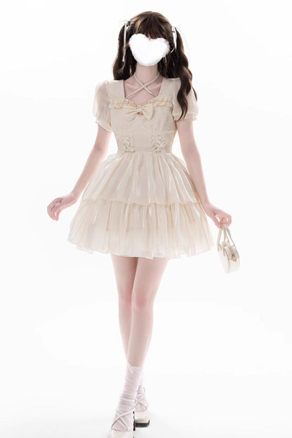 Apricot [Prussian Legend] Short Sleeves Multi-Layered Jacquard Ruffle Bowknot Sweet Lolita Dress