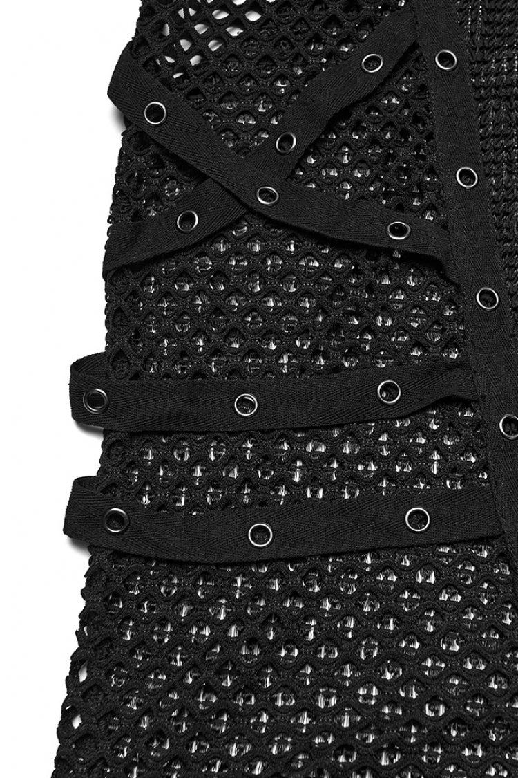 Black Long Sleeves Mesh Eyelet Men's Punk T-Shirt