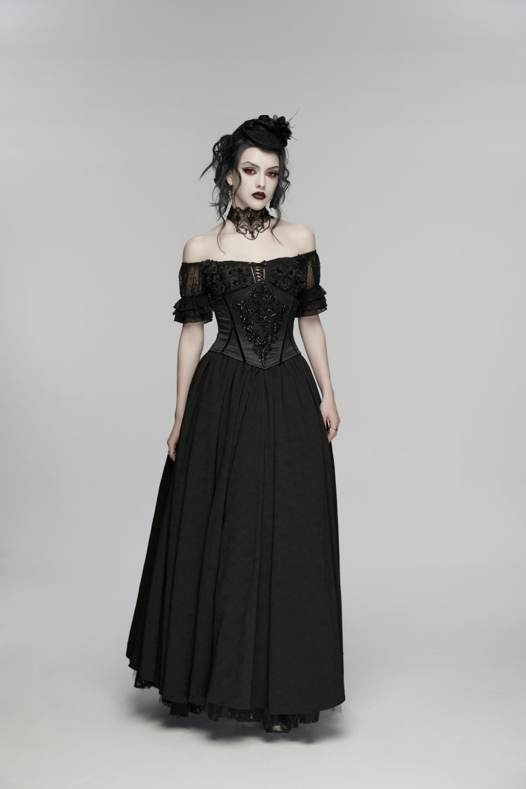 Black Lace-Up Slim Zippered Women's Gothic Beaded Embroidered Underbust Corset
