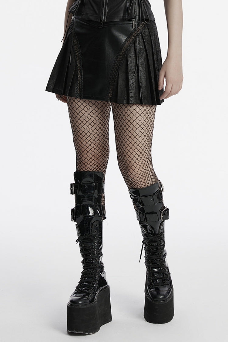 Black Faux Leather Pleated Stitching Women's Punk Skirt