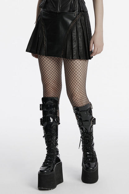 Black Faux Leather Pleated Stitching Women's Punk Skirt