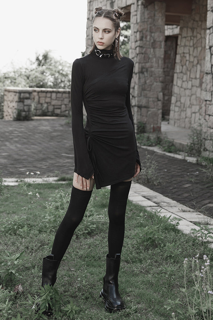 Black Cashmere Knitting Cross Fold Tie Rope Design High Collar Pleated Fit Women's Punk Dress