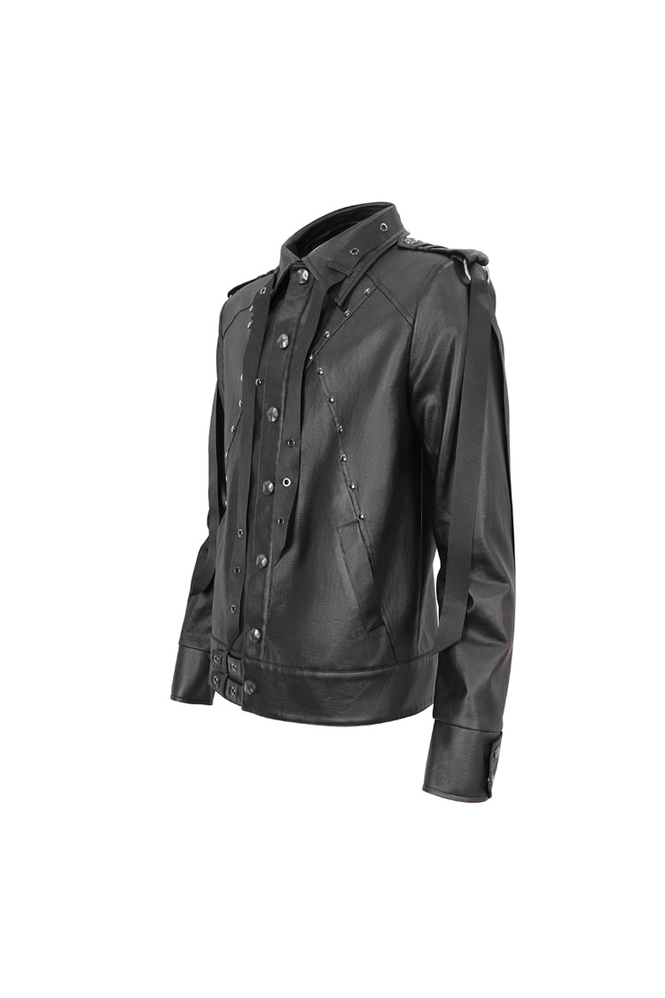 Black Lapel Collar Studded Strap Dashing Men's Punk Jacket