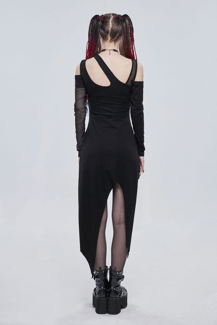 Black Asymmetric Distressed Design Metal Ghost Hand Buttonhole Decoration Women's Punk Dress