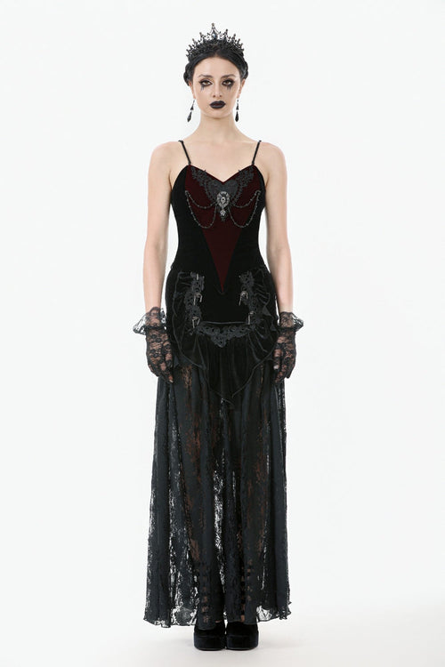 Black Multi-Layered Ruffled Velvet Spliced Lace Lace-Up Women's Gothic Long Skirt