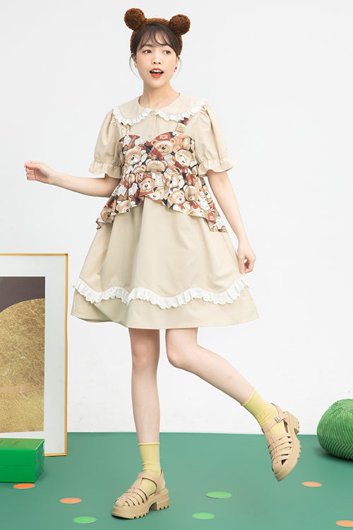 Beige Vintage Doll Collar Bear Print Fake Two Pieces Short Sleeves Sweet Lolita Dress