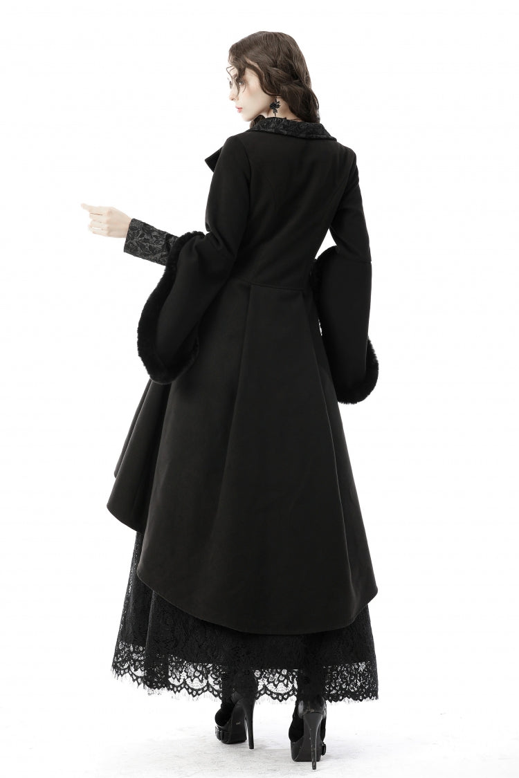 Black Lapel Collar Long Sleeves Women's Gothic High Low Woolen Dovetail Coat with Hood