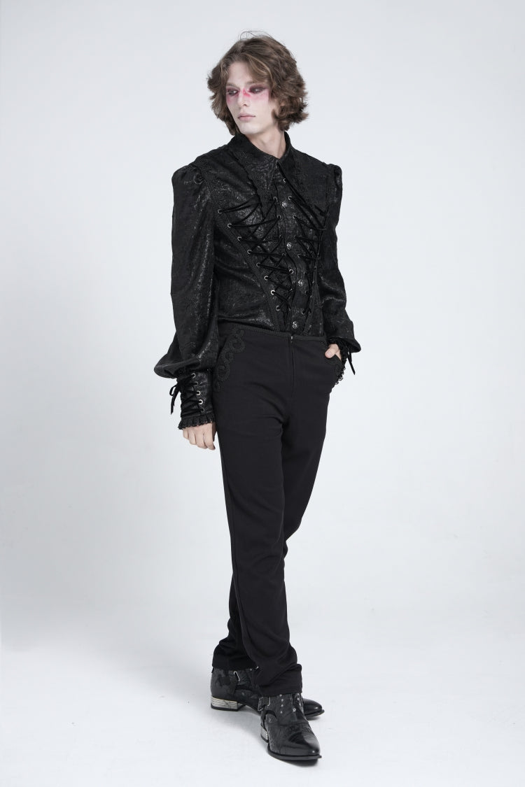 Black Long Puff Sleeves Jacquard Lace Men's Gothic Blouse