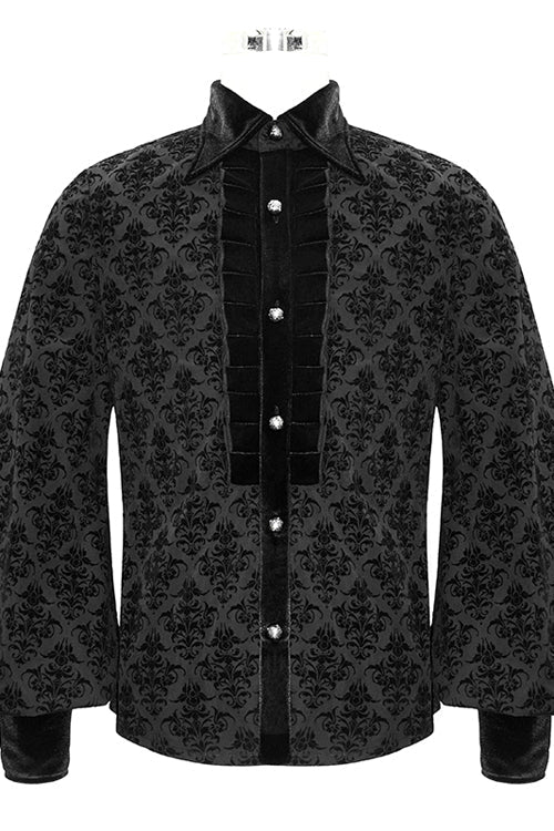 Black Court Pattern Flocking Lantern Sleeves Mens Gothic Blouse