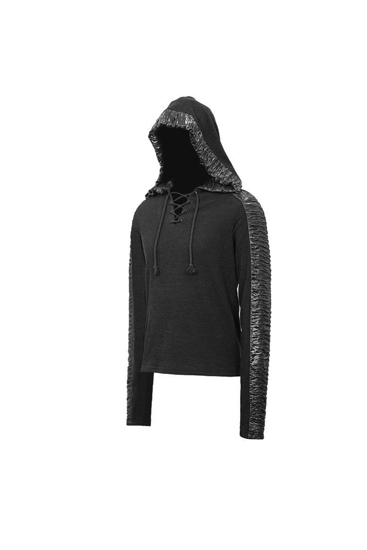 Black Chest Lace Up Vertical Stripes Woolen Splice Bright Crimped Fabric Hooded Men's Punk T-Shirt