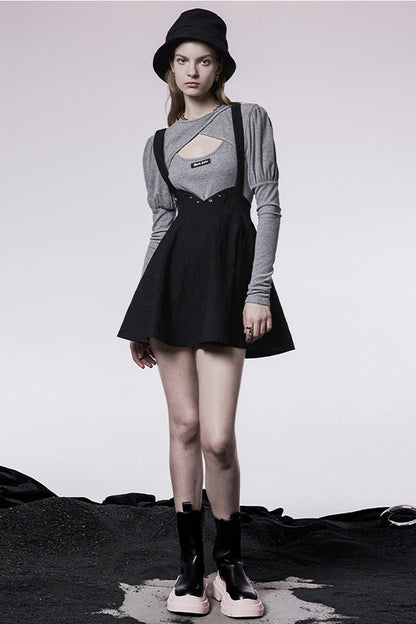 Black Future Series Metal Buttonhole Decoration Collect Waist Swing Hem Cat Ear Women's Gothic Skirt