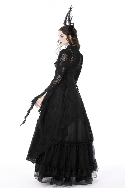 Black Lapel Collar Long Sleeves Ruffled Irregular Lace Lace-Up Women's Gothic Jacket Dress