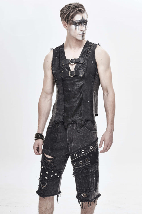 Black Decadence Punk Rock Nailed Ragged Shorts Mens Pants