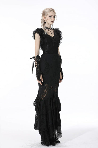 Black Plunging V Collar Short Sleeves Ruffled Lace Sexy Women's Gothic Crop Top