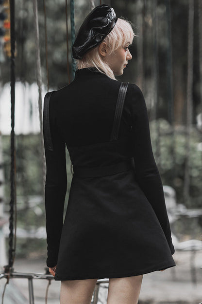 Black High Waist Belted PU Leather Strap Irregular Women's Steam Punk Dress