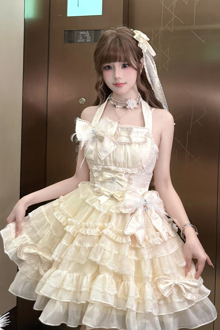 Apricot [Swan Overture] Halterneck Sleeveless Multi-Layered Ruffle Bowknot Lace Sweet Lolita Dress