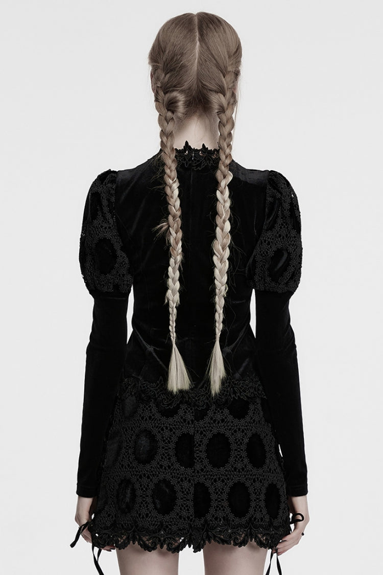 Black Long Puff Sleeves Print Embroidery Women's Gothic Blouse