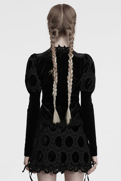 Black Long Puff Sleeves Print Embroidery Women's Gothic Blouse