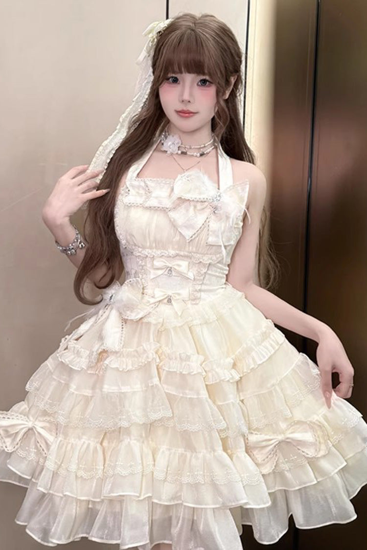 Apricot [Swan Overture] Halterneck Sleeveless Multi-Layered Ruffle Bowknot Lace Sweet Lolita Dress
