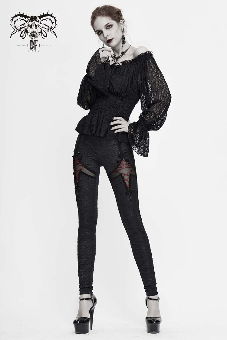 Black Off Shoulder Long Sleeves Ruffle Lace Women's Gothic Blouse
