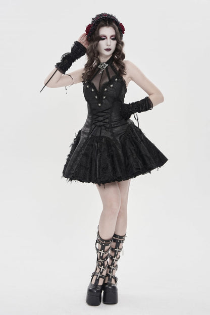 Black Off Shoulder Sleeveless Printed Spliced Lace Lace-Up Pleated Women's Gothic Dress