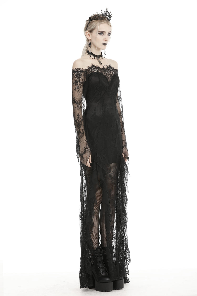 Black Off Shoulder Long Sleeves Lace Lace-Up Women's Gothic Mermaid Wedding Dress