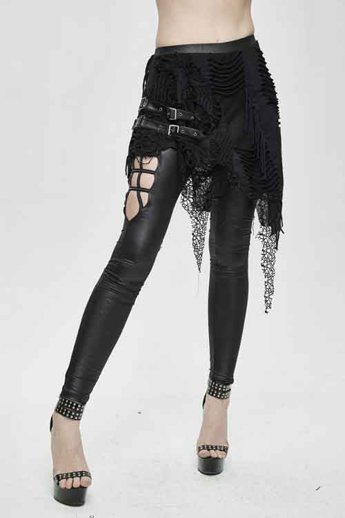 Black Fake Two Pieces Ripped Skirts Sexy Leggings Womens Pants
