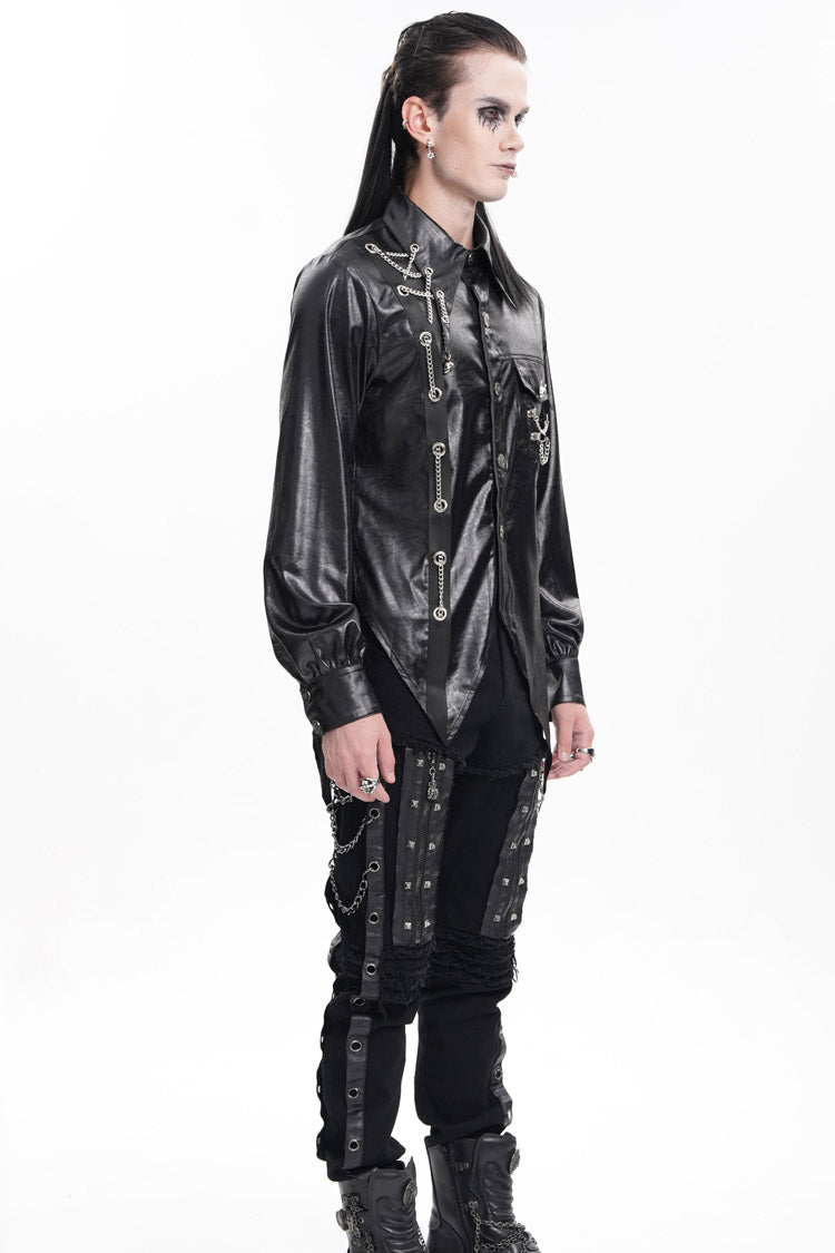 Black Long Sleeves Chain Eyelets Skull Men's Gothic Blouse