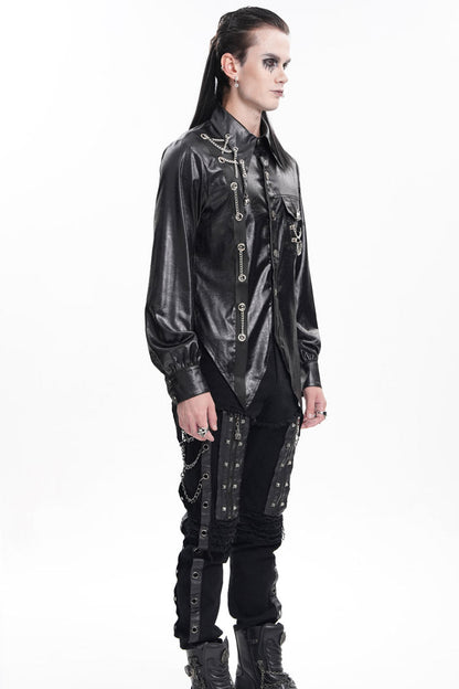 Black Long Sleeves Chain Eyelets Skull Men's Gothic Blouse