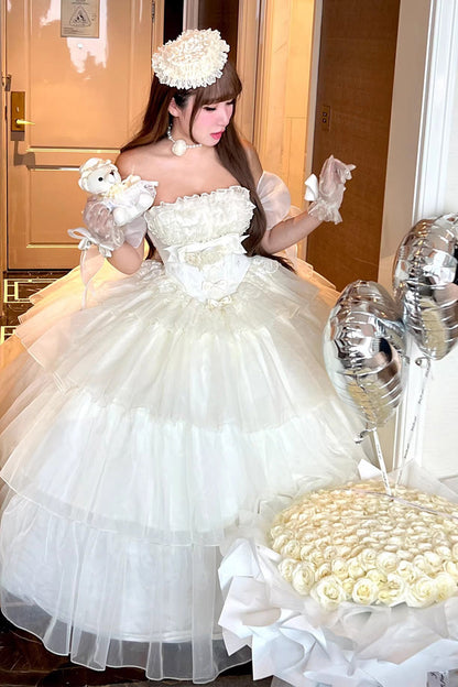 Beige [Mousse Serenade] Triple-Layered Ruffled Hanayome Bow Lace Sweet Princess Lolita Strapless Dress