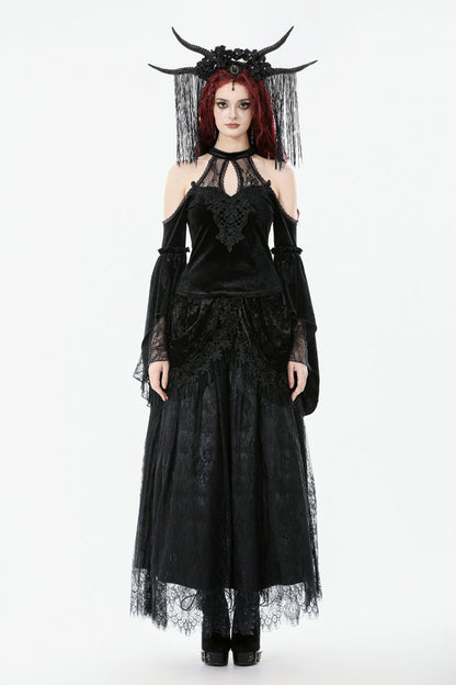 Black Off Shoulder Halterneck Long Trumpet Sleeves Cut-Out Lace Spliced Velvet Gothic Palace Top