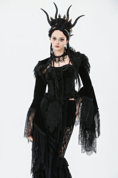 Black Lace Spliced Velvet Long Flared Sleeves Floral Feather Women's Gothic Cape