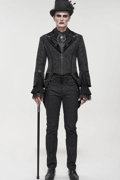 Black Gothic Embroidered Print Pattern Metal Pattern Buckle Decoration Trumpet Sleeve Men's Swallowtail Coat