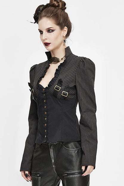 Black And Coffee Striped Low Collar Sexy Womens Punk Blouse
