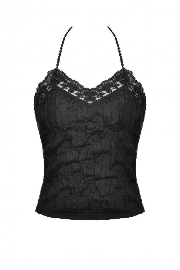 Black Off Shoulder Halterneck Lace Crinkle Women's Gothic Tank Top