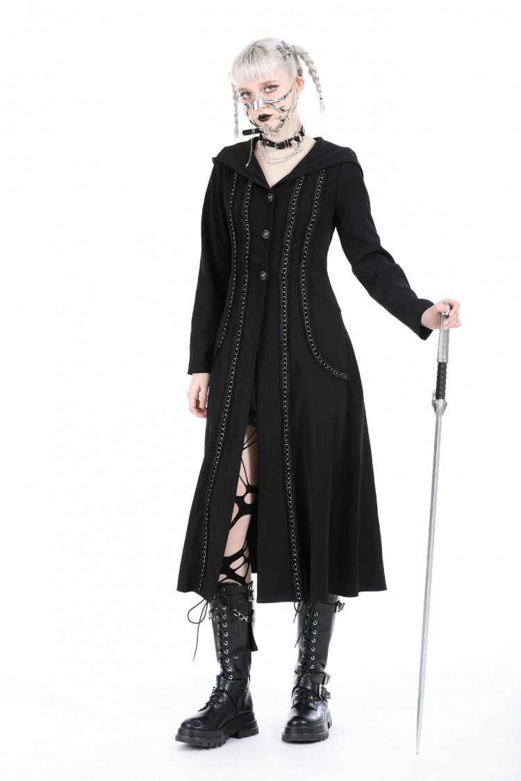 Black Long Sleeves Ruffled Lace-Up Women's Punk Long Jacket with Hood