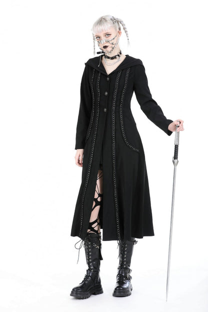 Black Long Sleeves Ruffled Lace-Up Women's Punk Long Jacket with Hood