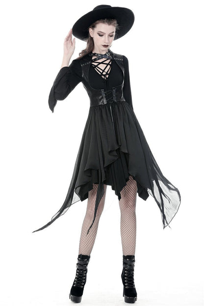 Black Chiffon Sleeveless Cut-Out Chest Irregular Hem Lace-Up Buckled Women's Punk Jacket
