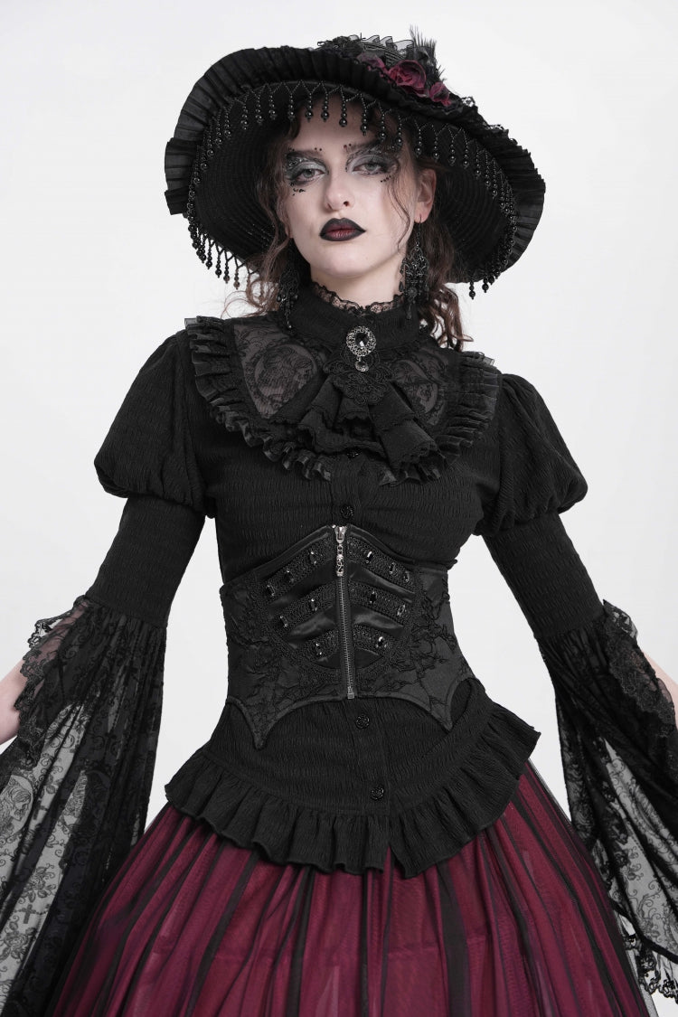 Black Batwing Beaded Lace-Up Zipper Women's Underbust Corset