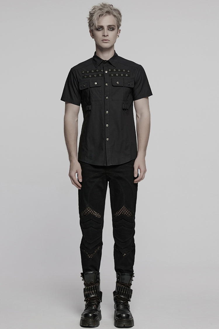 Black Lapel Collar Short Sleeves Men's Pocket Eyelet Punk Blouse