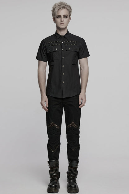 Black Lapel Collar Short Sleeves Men's Pocket Eyelet Punk Blouse