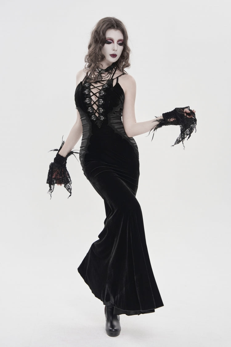 Black Off Shoulder Sleeveless Hanayome Spliced Lace-Up Slim Pleated Women's Gothic Jsk Dress